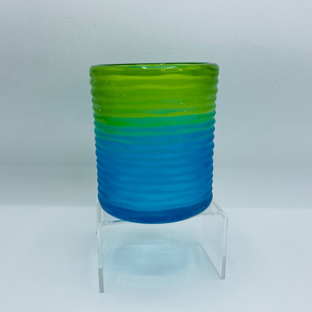 Hand Blown Threaded Glass Votive Holder Green Blue Heavy