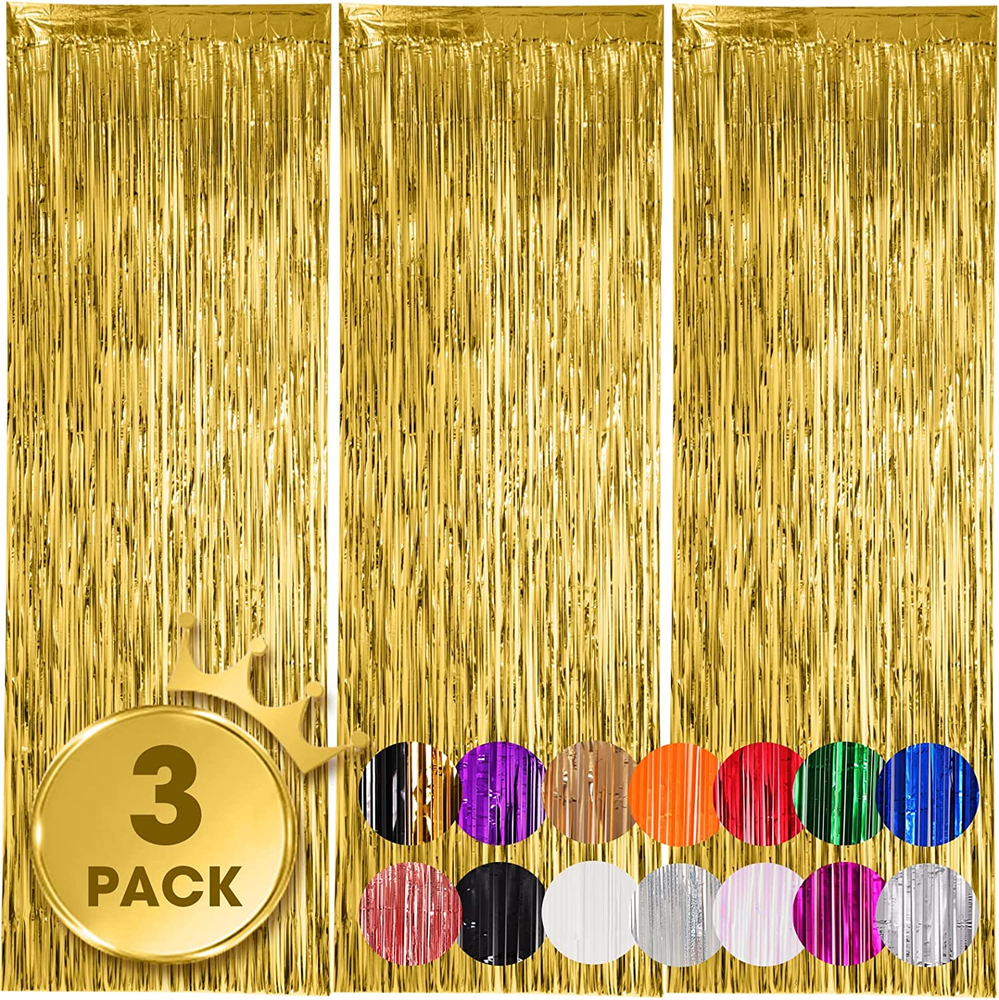 3 Pack 3.3x8.2 Feet Gold Foil Fringe Backdrop Curtains, Tinsel Streamers, Fringe