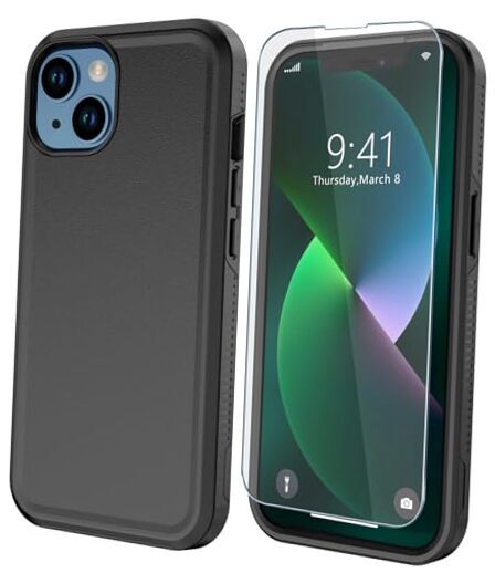 for iPhone 13 case [Shockproof] [Dropproof] [Tempered Glass 13-Black-2in1