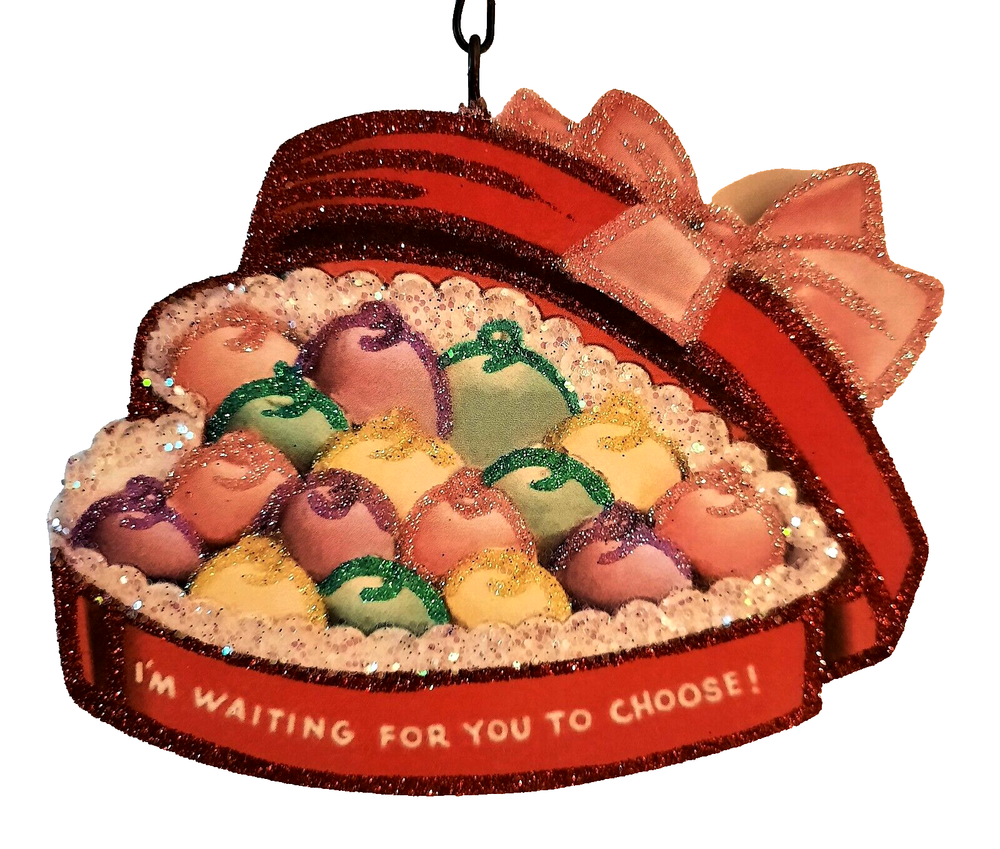 HEART SHAPED BOX of CANDIES, CHOCOLATES * VALENTINE * Glitter ORNAMENT Vtg Img