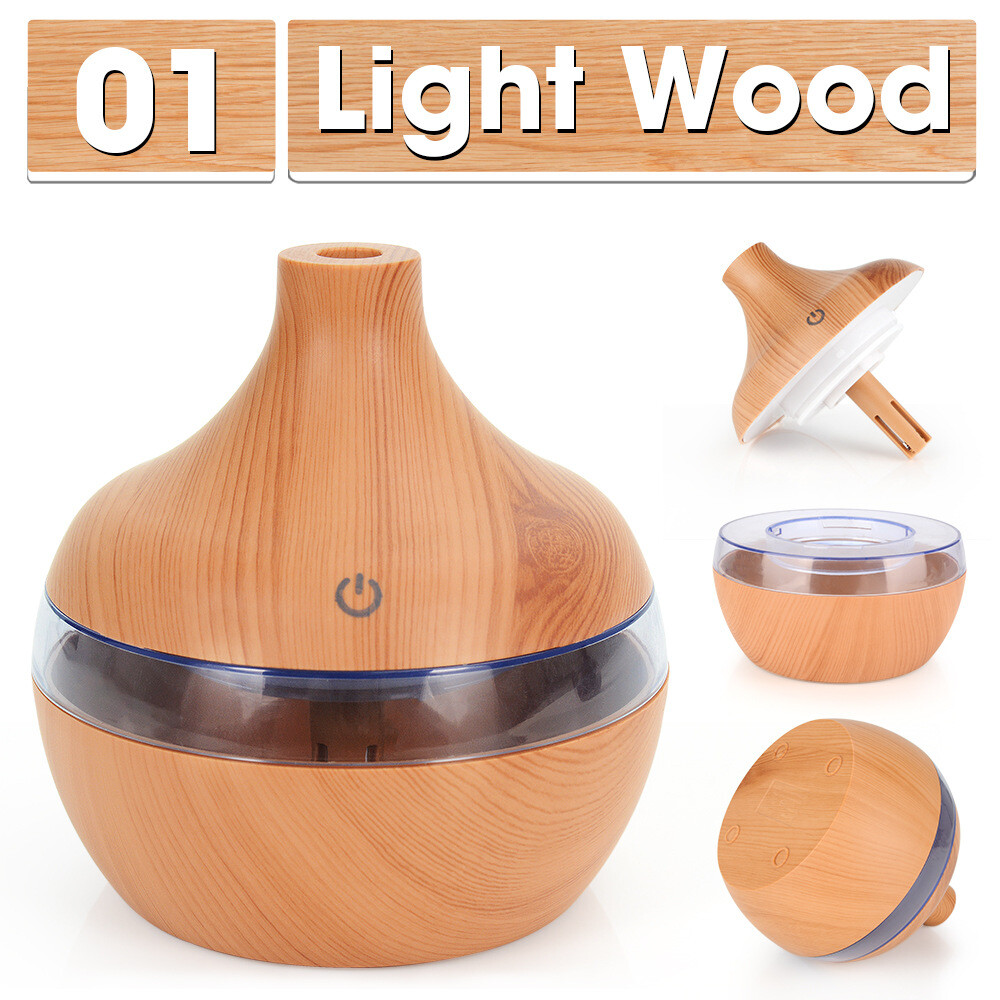 USB Air Humidifier Aroma Diffuser Mist Wood Grain Oil Aromatherapy 7 LED Light