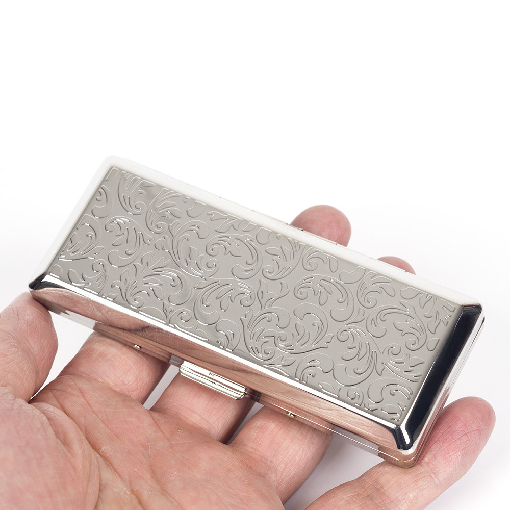 Pure Copper Silver Embossed Arabesque Metal Cigarette Case for 100s Cigarettes