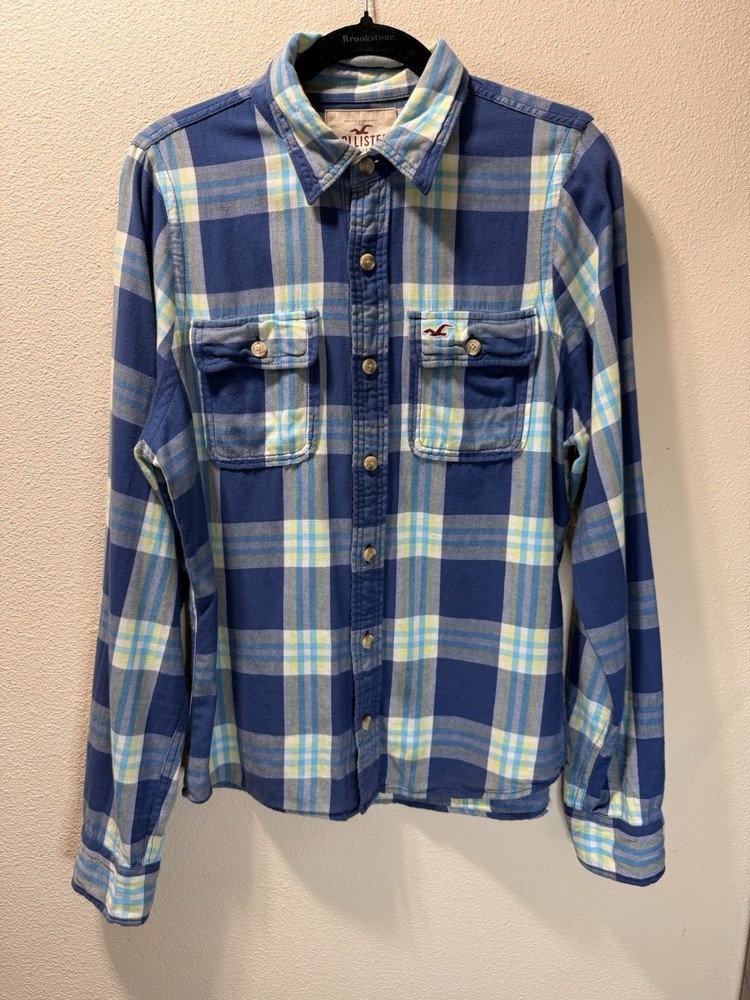 HOLLISTER Y2K Blue Plaid Flannel Button up Shirt Blouse Size Medium