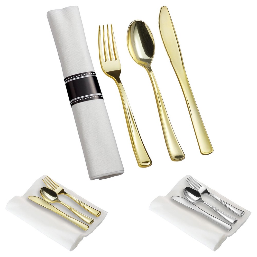 Gold Silver Plastic Cutlery Napkin Rolls Set- 100 Napkins, Forks, Knives, Spoons
