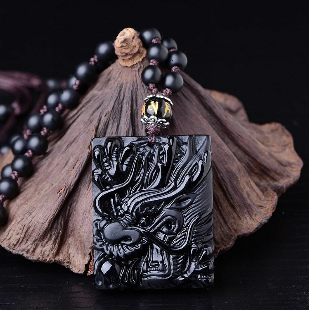 Natural Black Obsidian Rectangle Dragon Necklace Amulet Pendant Bead with Chain