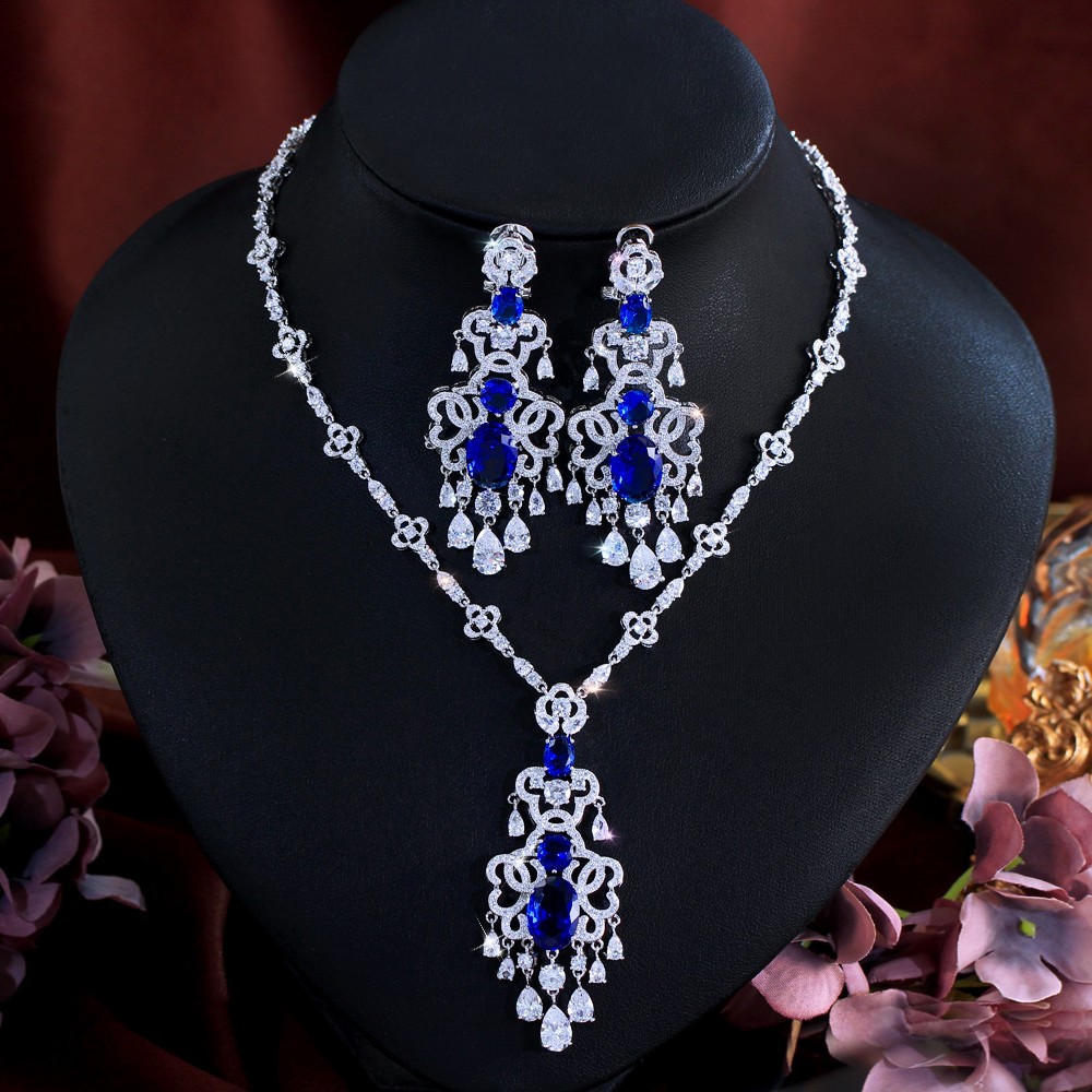 Classy CZ Long Chandelier Blue Dangle Drop Earrings Wedding Necklace Jewelry Set