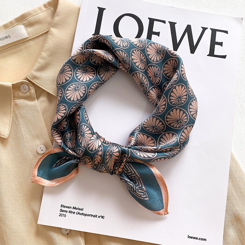 100% Pure Silk Square Scarf for Women - Hair Bandana Neckerchief Fashion Chrysanth Print