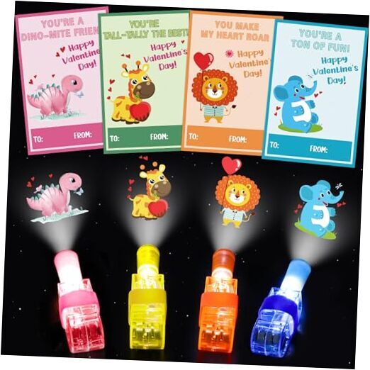 28 Pack Valentines Cards for Kids Classroom with Finger Lights, Valentines Day
