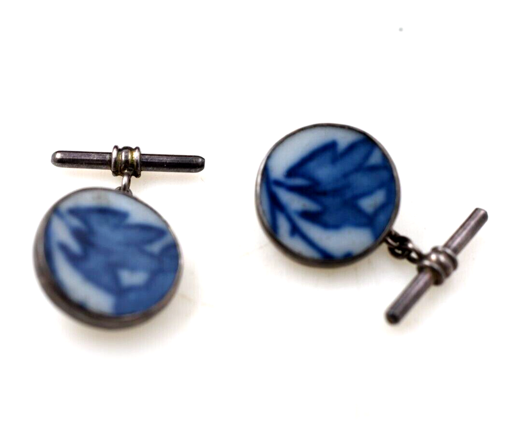 Cufflinks Sterling Silver W/ Blue & White Chinese Porcelain Inserts