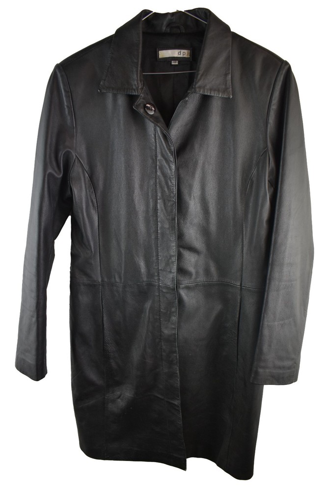 DPI Black Leather Long Coat size Uk 12 Womens Overcoat Casual Outdoors Outerwear
