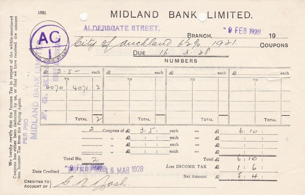 MIDLAND BANK LIMITED City of Auckland Coupon/Dividend Feb1928  Receipt  Rf 46023-image
