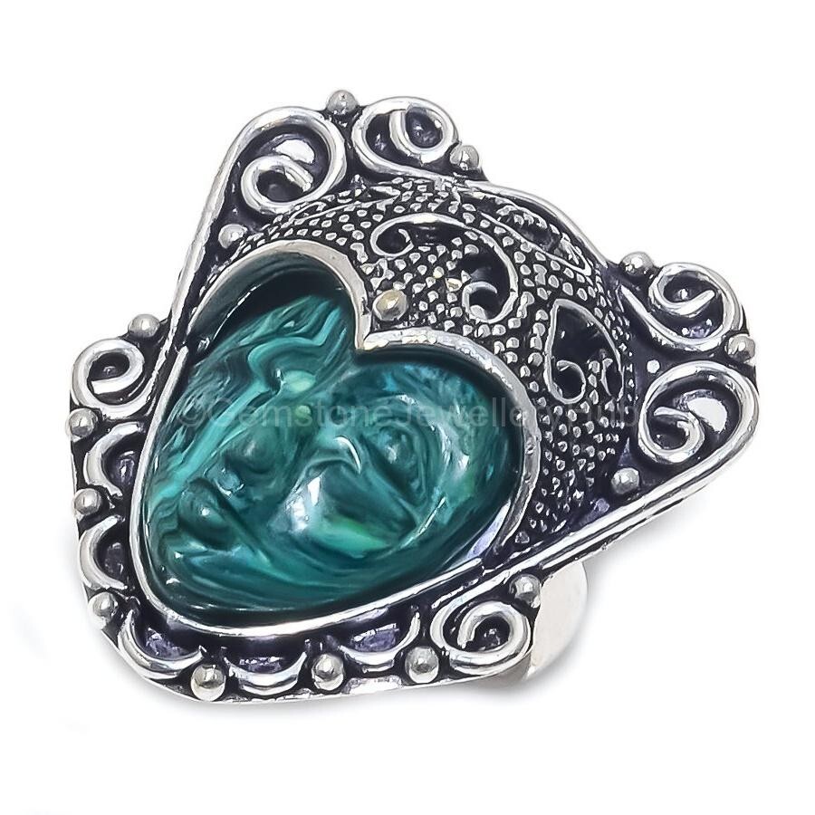 Christmas Deal 925 Sterling Silver Green Calsilica Gemstone Statement Ring US 8