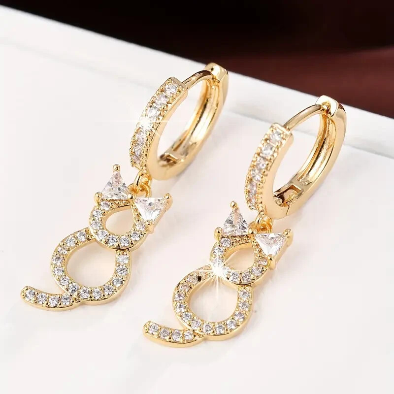 Golden Cat Dangle Earrings - 18K Gold Plated Elegant Jewelry