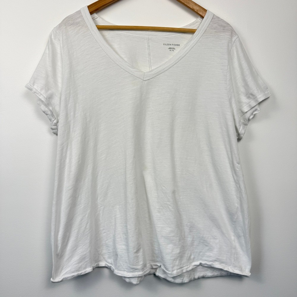 Eileen Fisher Organic Cotton V Neck T Shirt Womens XL White Casual Tee