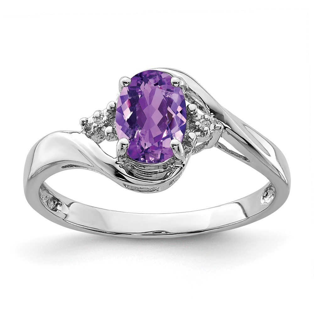 Sterling Silver Rhodium Plated Diamond and Amethyst Oval Ring Size 8 for Women