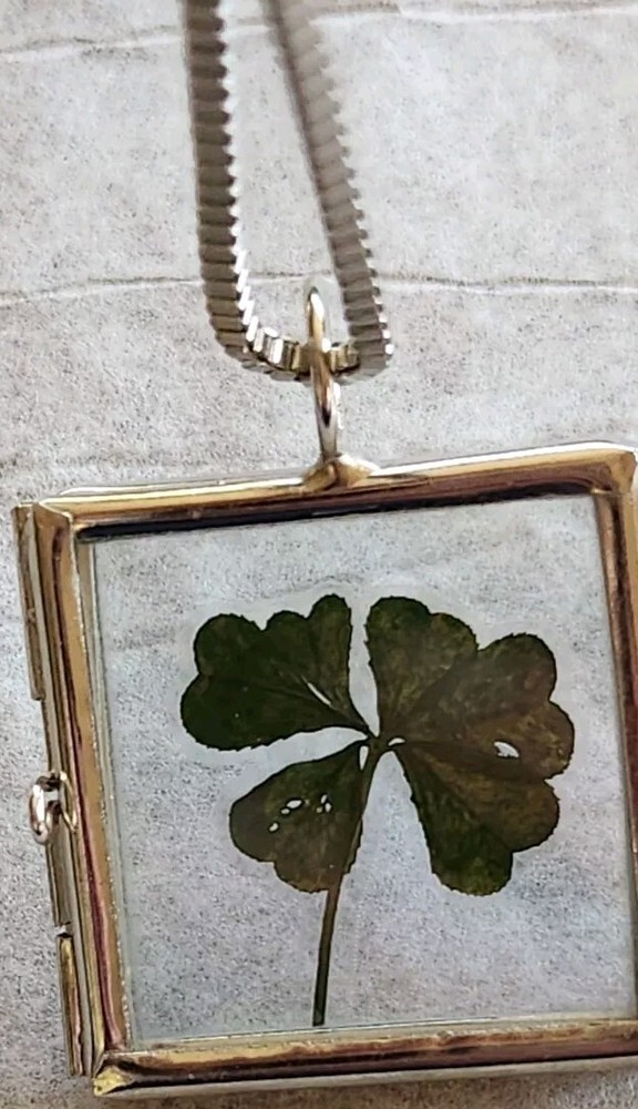 6 Leaf Clover Silver Tone Chain Necklace with Heart Shaped Leaves Photo Charm