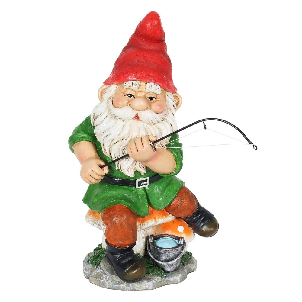 Hand-Painted Felix Gnome Fishing Garden Statue on Mushroom Stool 7.5 Inch