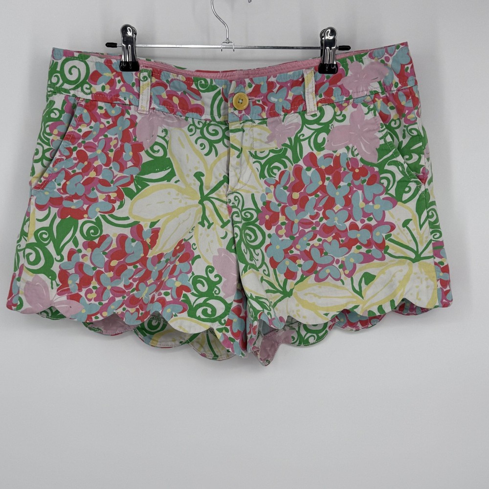 Lilly Pulitzer Chino Shorts Womens 8 Multicolor Floral Scallop Hem Tropical