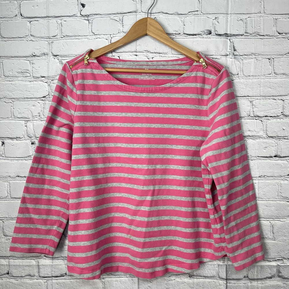 Talbots Petites Shoulder Zip Cotton Thick Shirt Size 2XP Pink Gray Long Sleeve