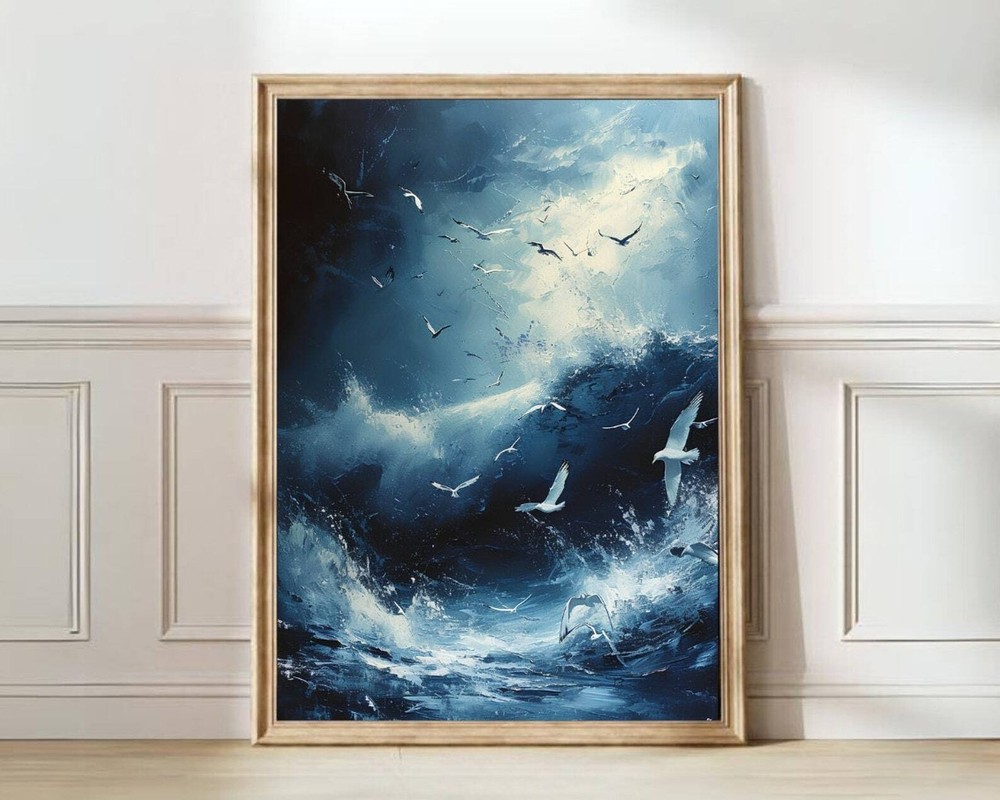Wave Print Sea Ocean Wall Art Moody Night Sky Painting Indigo Blue Wall Art