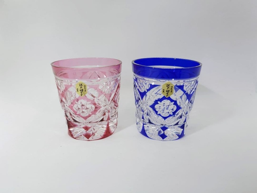 Edo Kiriko Glass Studio Saiho Crystal Rock Glass Pair, Unused, Rare