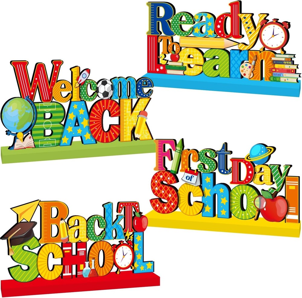 4Pcs First Day of School Wooden Centerpiece Decor for Classroom or Home-image