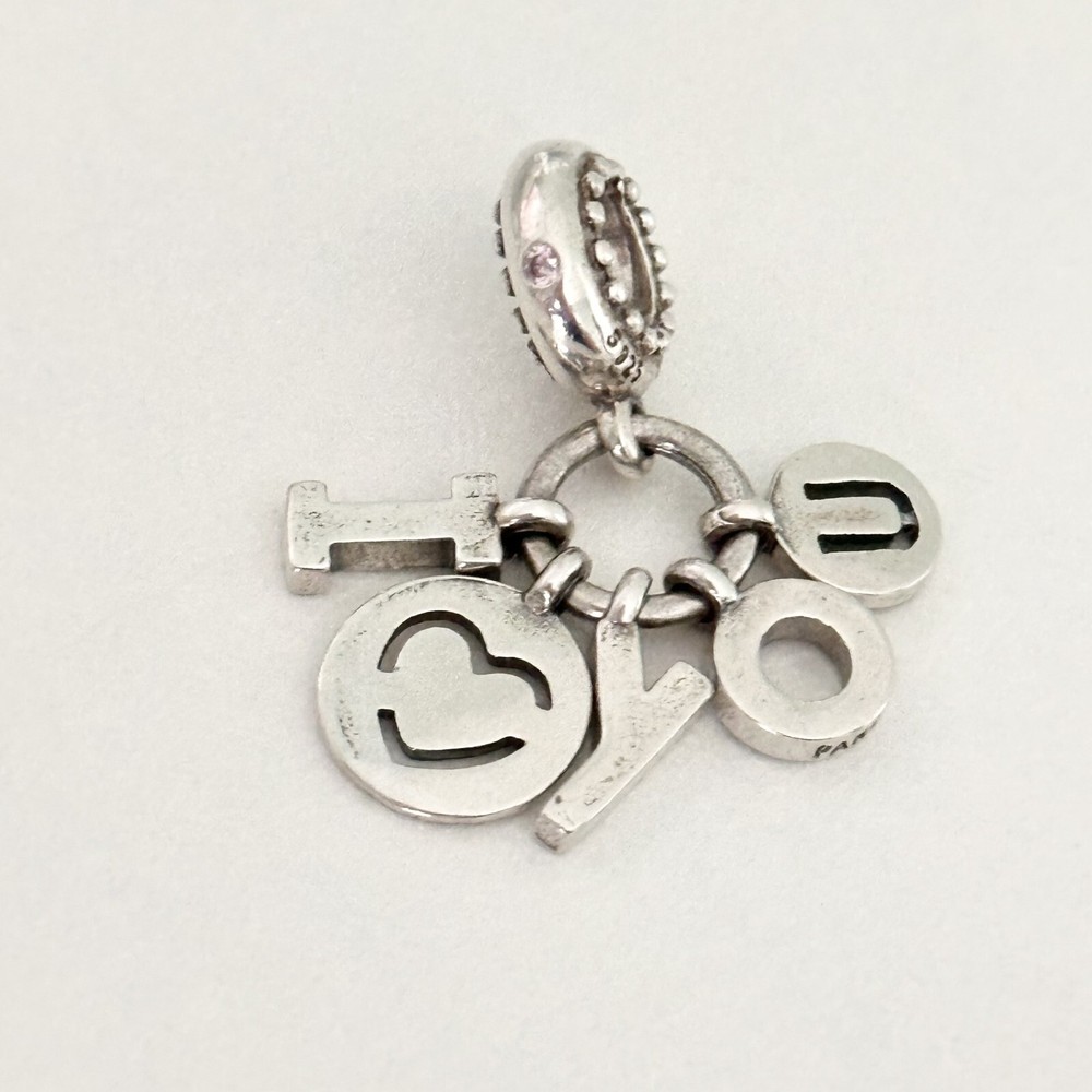 Pandora 925 Silver I Love You Pink CZ Dangle Charm Bead