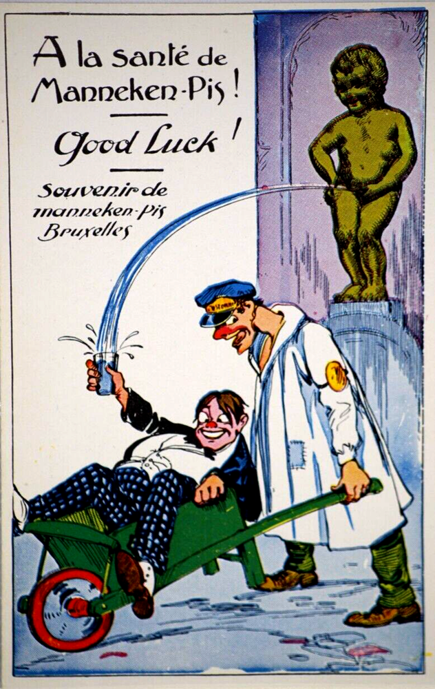 Postcard Belgium Comic Art Manneken-Pis Brussels Drunk Attendant Pissing Statue