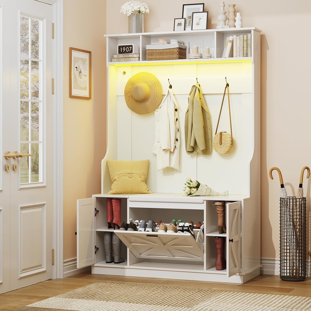 Hall Tree Bench with 6 Shoe Cubbies and Coat Rack for Entryway Storage