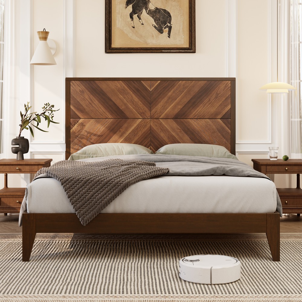 Mid-Century Modern Platform Bed Wood Slat Support with No Box Spring Needed,Quee