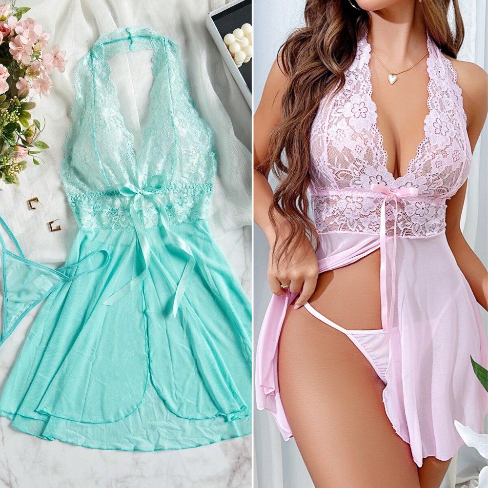 Women’s Sexy Lace Babydoll Lingerie Set with G-String Nightwear