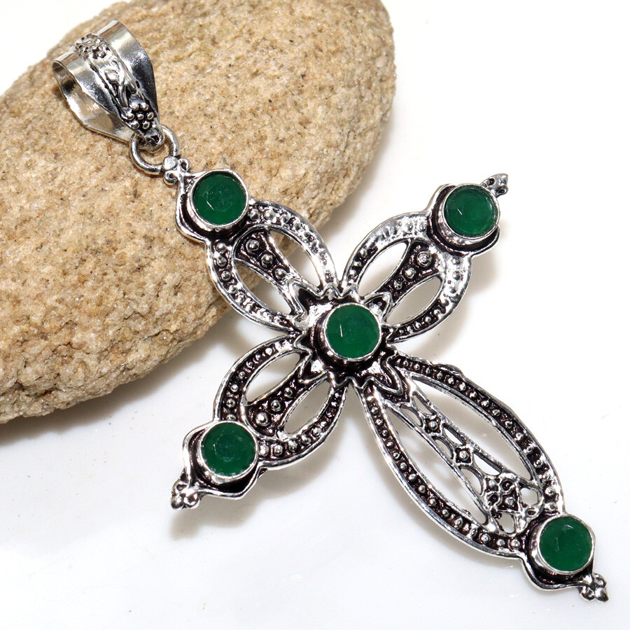 Green Onyx 925 Silver Plated Cross Pendant Handcrafted 3-inch Gemstone Gift JW