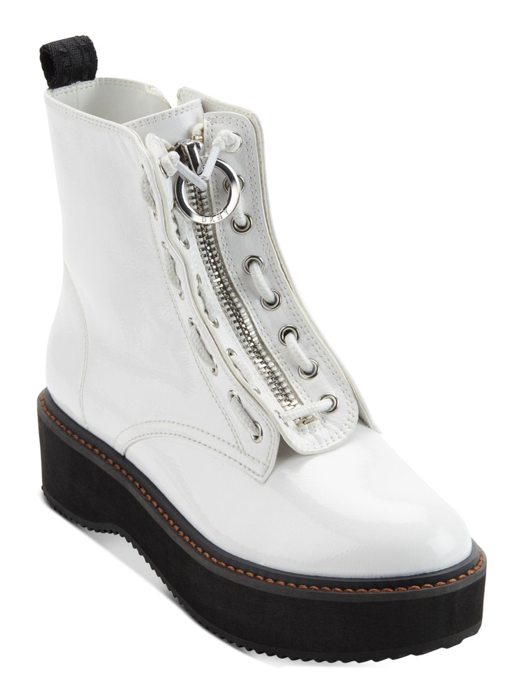 DKNY Womens White Glossy Up Pull Tag Eyelet Rhi Platform Boots Shoes 8.5 M