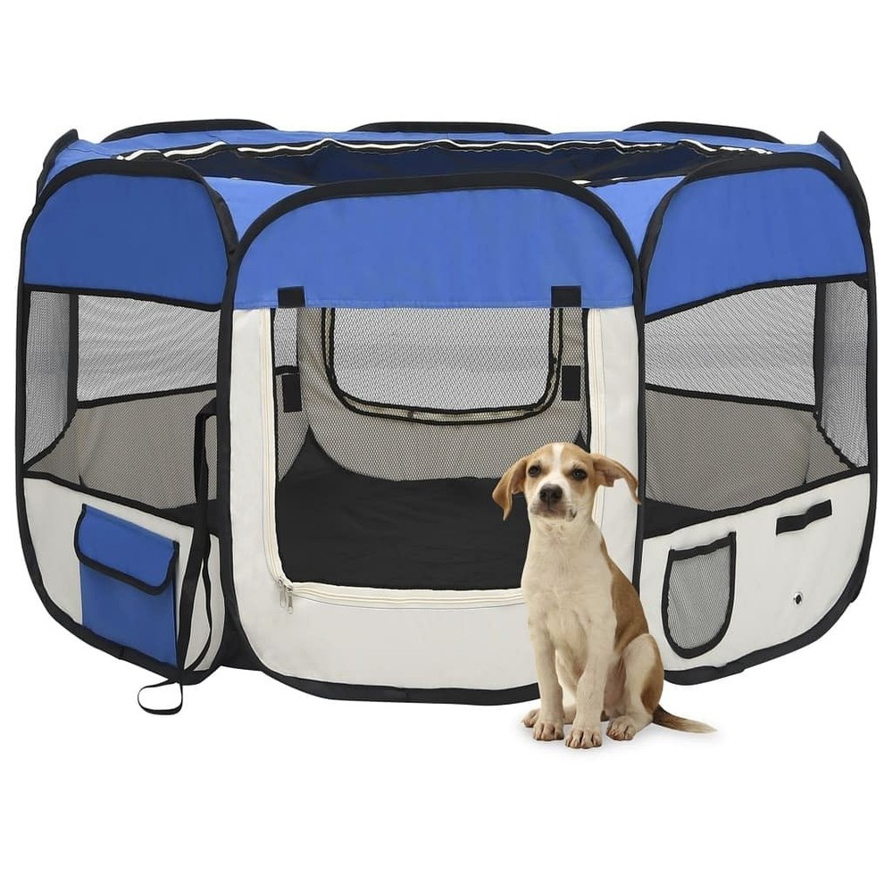 Blue & Cream Polyester Dog Playpen with Steel Frame 43.3x43.3x22.8 Inches