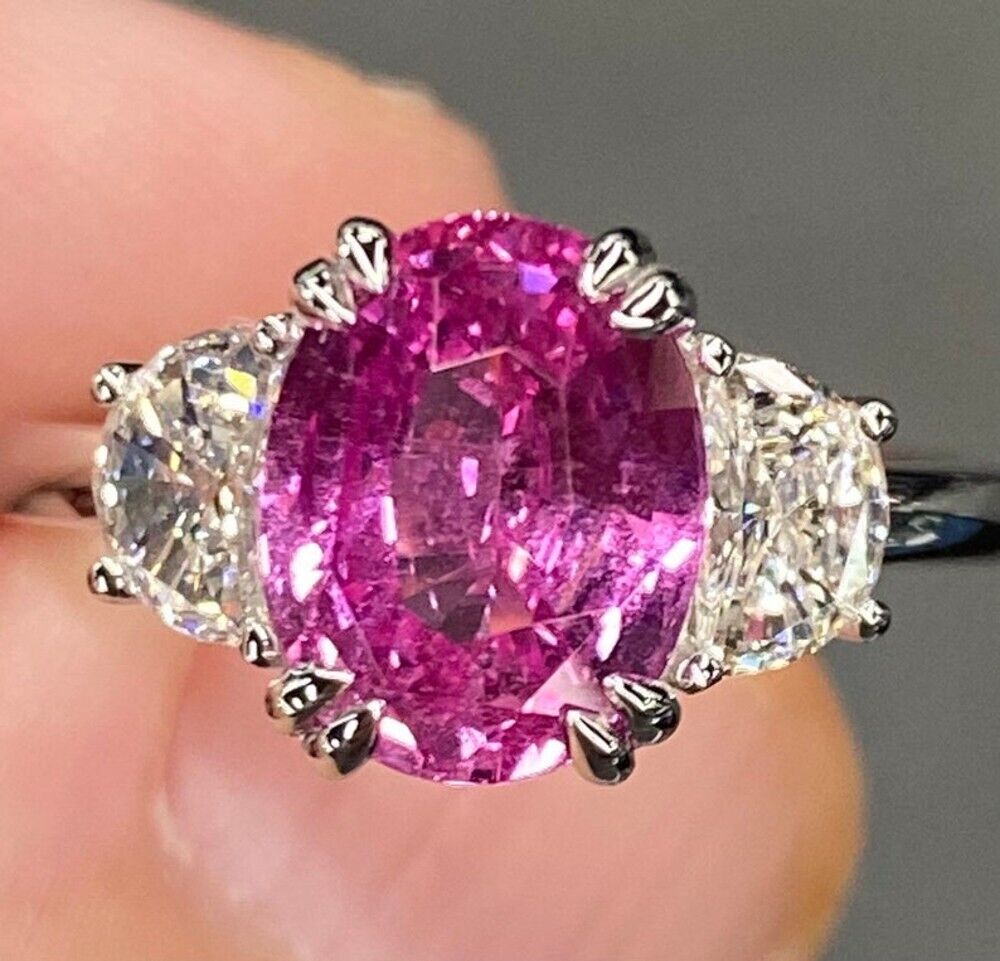 Women Diamond Ring 14K White Gold Certified 3.80 Carat Lab Created Pink Sapphire