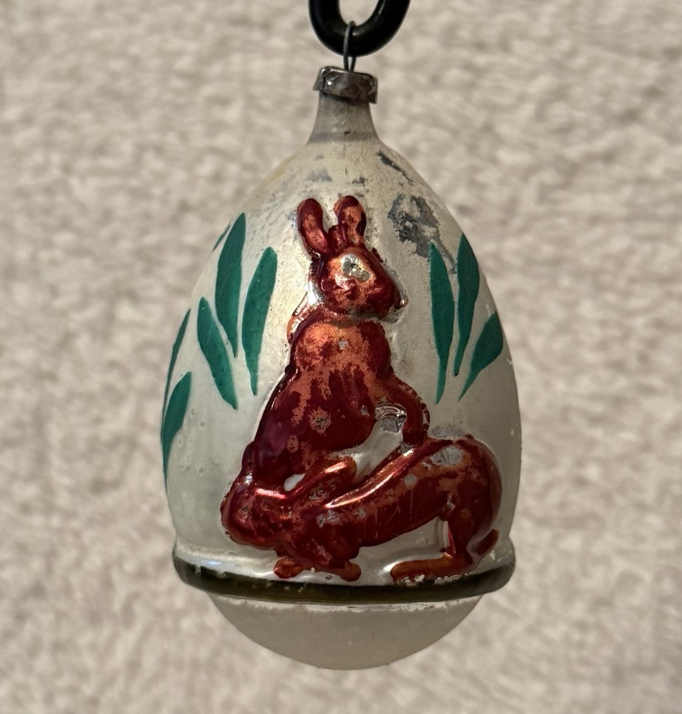 Antique Orange&White Glass Squirrel On An Egg German Christmas Ornament 3.25”