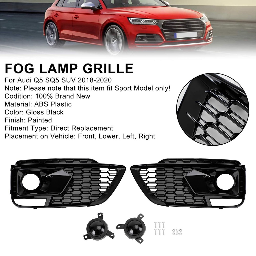 RSQ5 Black Front Honeycomb Fog Lamp Grilles Cover For Audi Q5 SQ5 2018 2019 2020