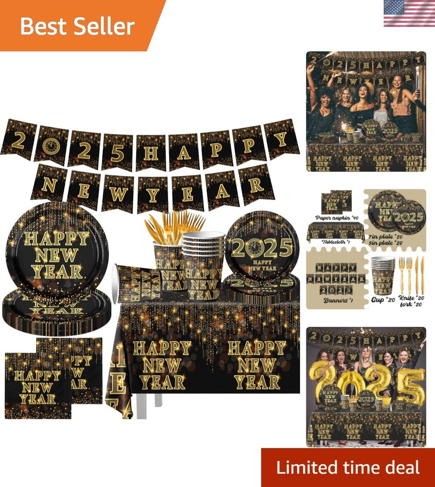 New Years Eve Tableware Party Decoration 142pcs Happy New Year 2025 Gold and ...-image