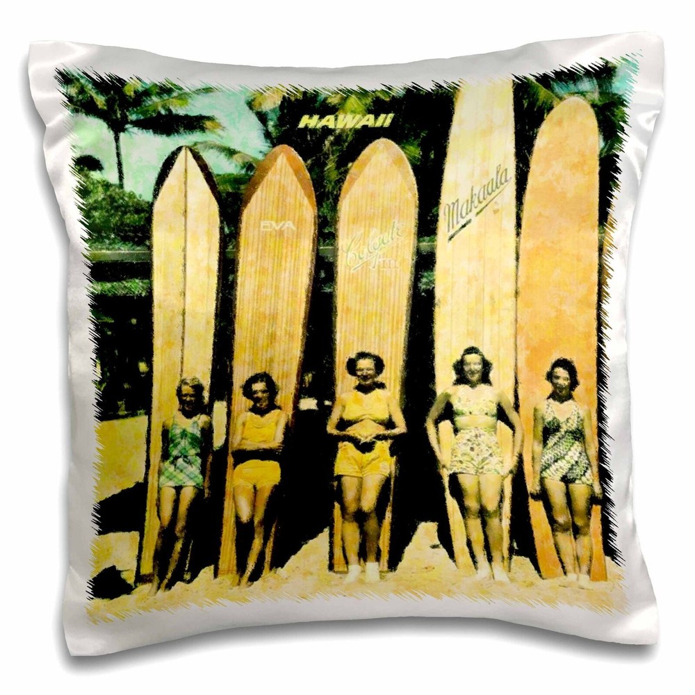 3dRose 5 Vintage Ladies In Hawaii With Surf Boards 16x16 inch Pillow Case