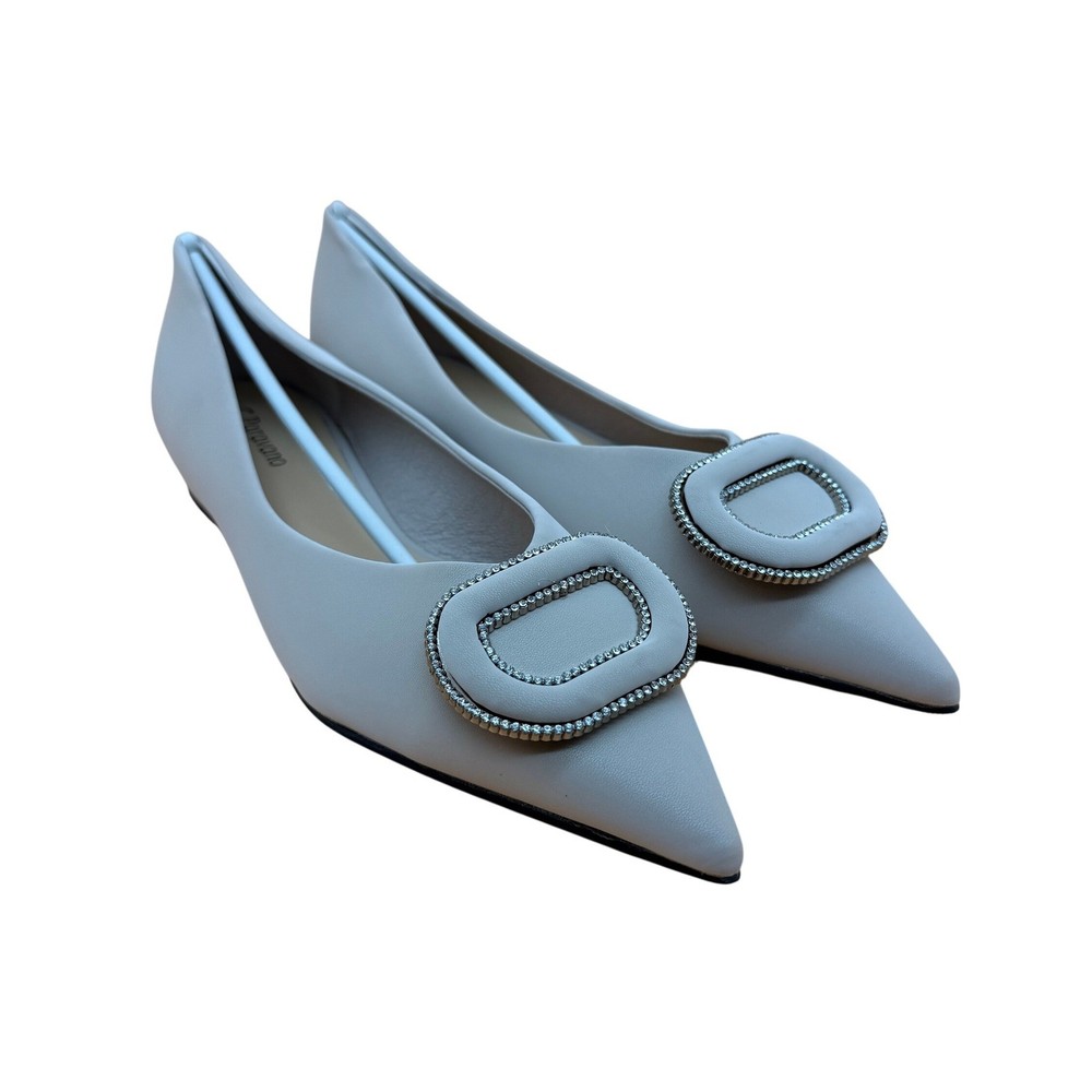 C.Paravano Women's US 8.5 Gray Pointed Toe Leather Flats Rhinestone Buckle