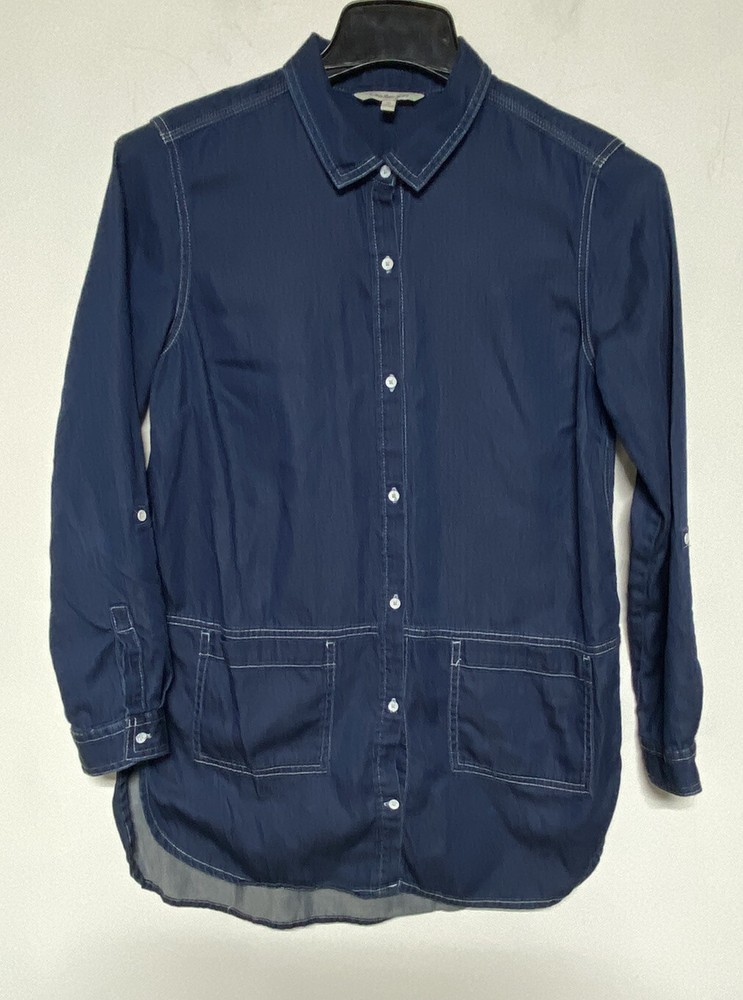 Calvin Klein Shirt Womens M Button Front Tunic Long line Denim Chambray Blue