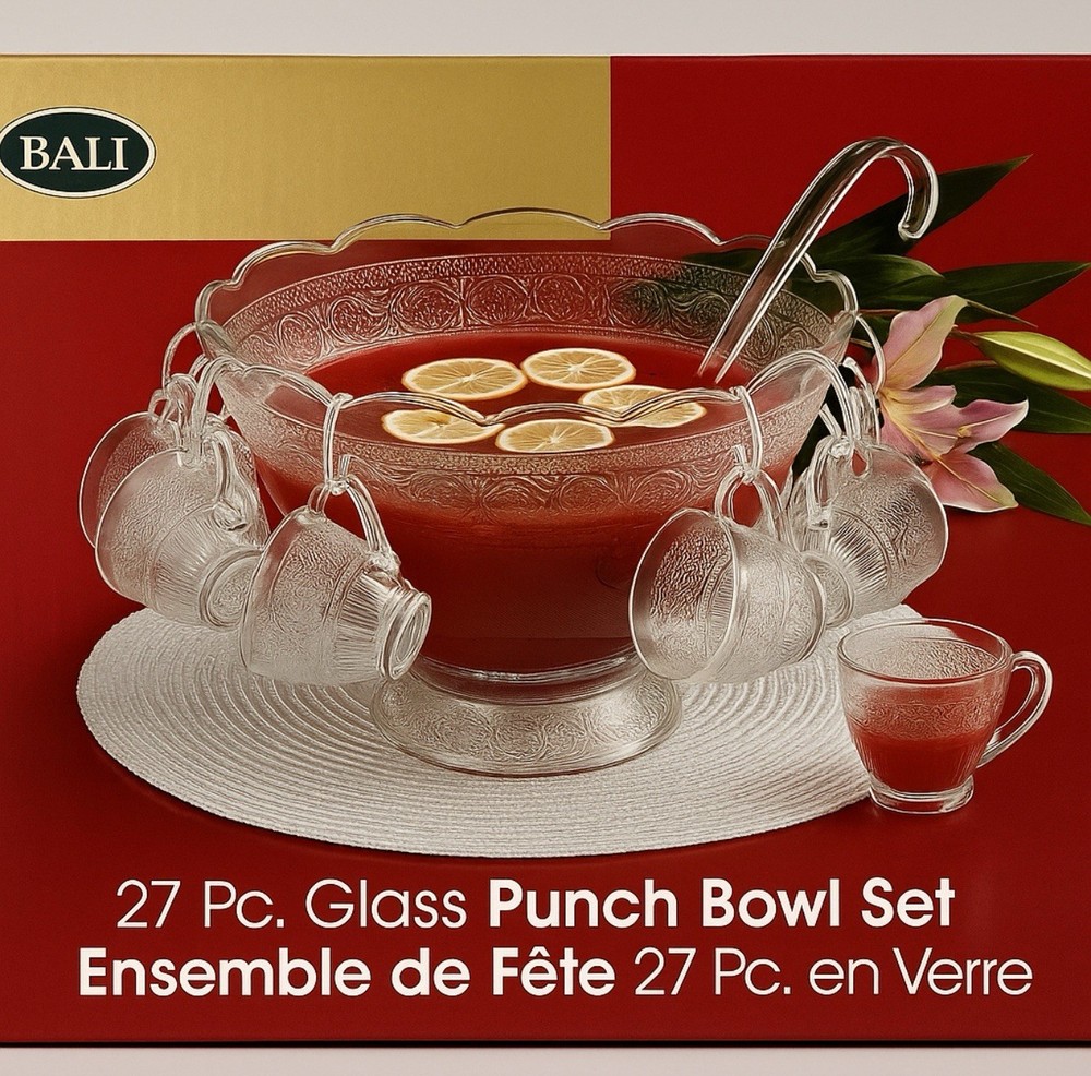 Vintage Bali 27-Piece Glass Punch Bowl Set with Cups Hooks Ladle  