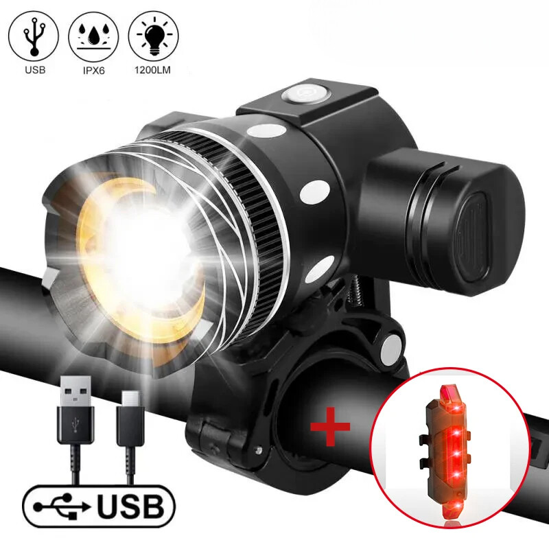 Bicycle Front Light with Taillight USB Rechargeable Lantern Zoom Bike Headlight