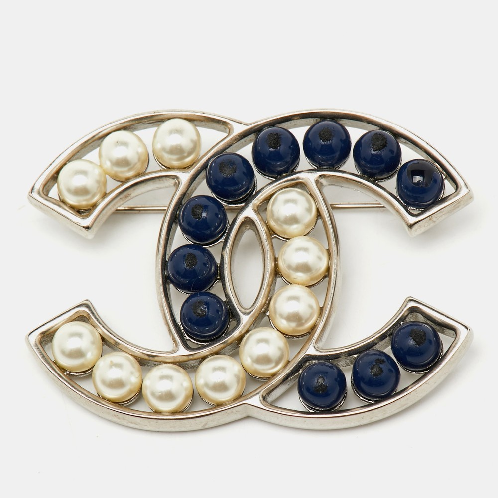 Chanel CC Logo Blue Faux Pearl Beaded Pin Brooch