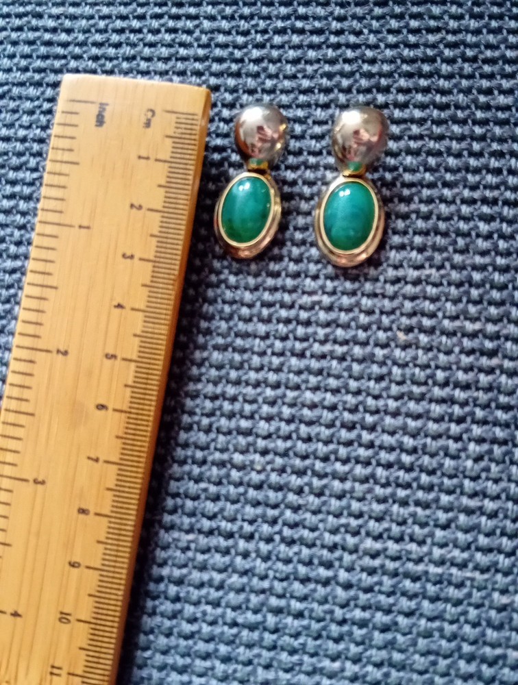 Womens Golden Teardrop Stud Earrings w/  Oval Jade Dangles