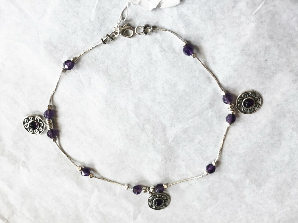 Sterling Silver Amethyst Stones Pendants Ankle Bracelet