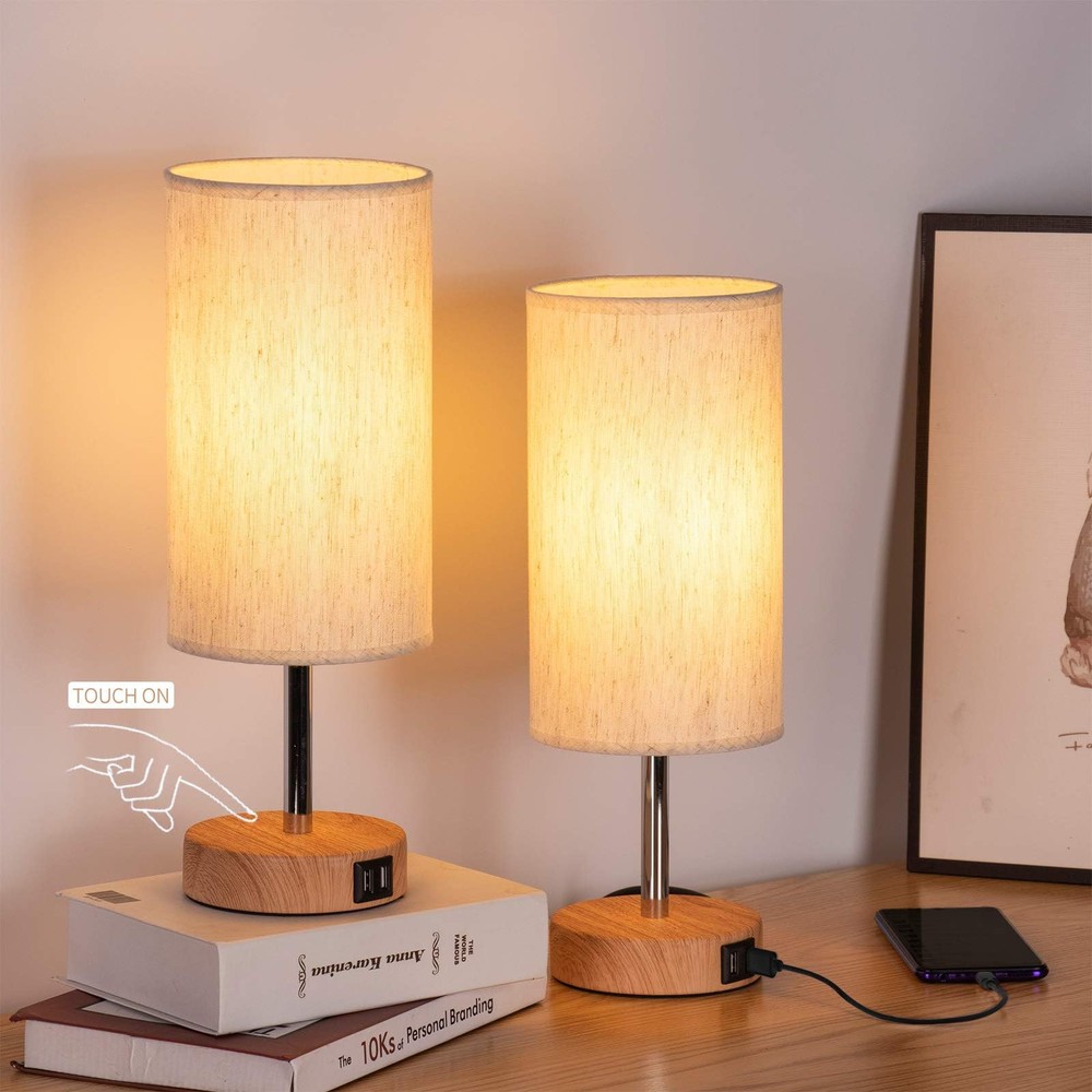 Touch Control Wood Bedside Lamp with USB Port - 3-Way Dimmable Nightstand Light  