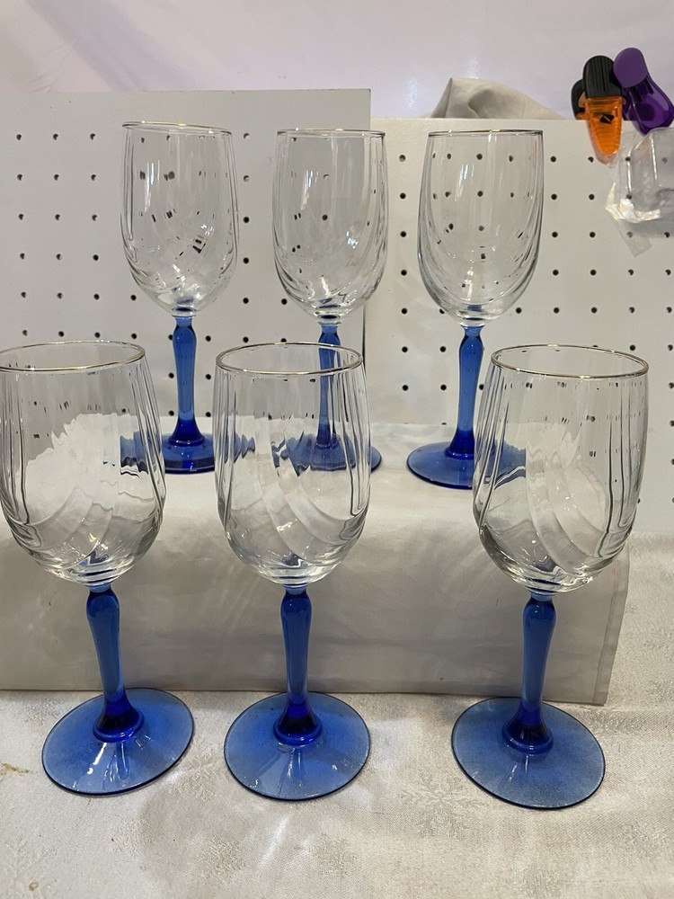 Cobalt Blue Libby Crystal Goblets Vintage Stemware Set of 6 Drape Bowl