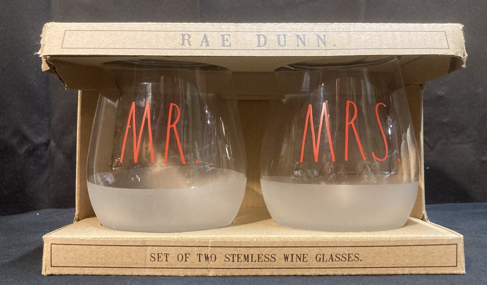 Rae Dunn Mr Mrs Stemless Wine Glasses Set of 2 Frosted Bottom Red Font