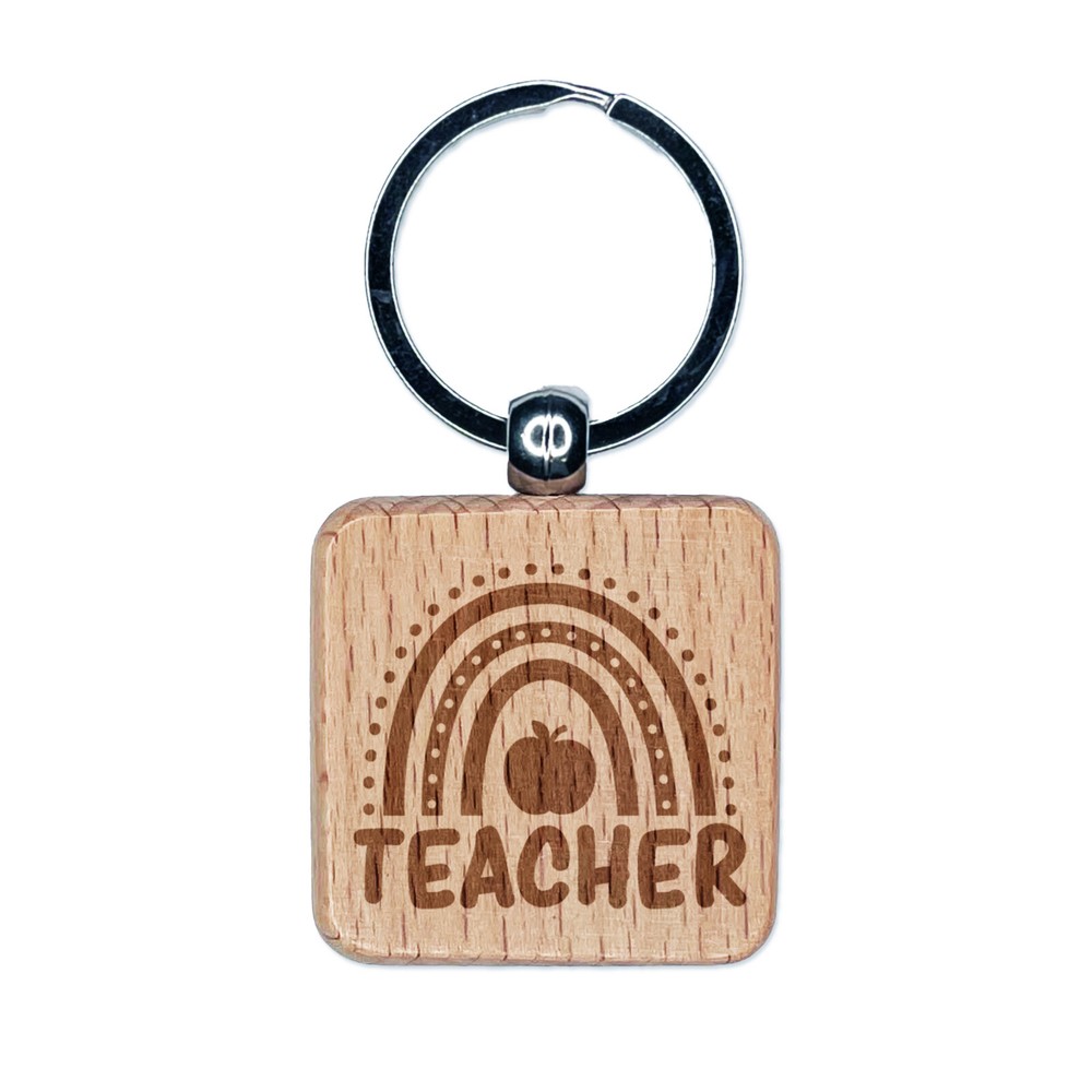 Teacher Rainbow Engraved Wood Square Keychain Tag Charm